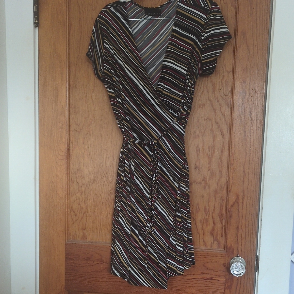 Black and Multicolor Striped, Wrap  Dress, Mid Calf. Brand" Attention"